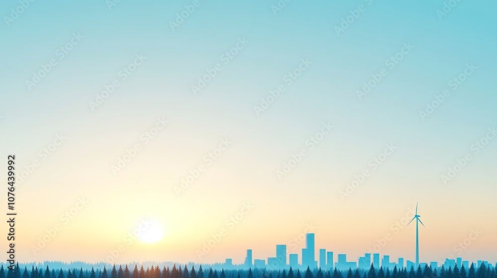 Serene Landscape with City Skyline, Wind Turbine, and Rising Sun in a Clear Sky, Featuring a Blend of Nature and Urban Elements Serene Landscape with City Skyline, Wind Turbine, and Rising Sun in a Clear Sky, Featuring a Blend of Nature and Urban Elements
