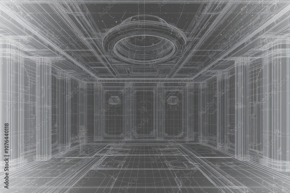 Fototapeta premium Minimalistic interior line art of classical architecture with columns and dome ceiling
