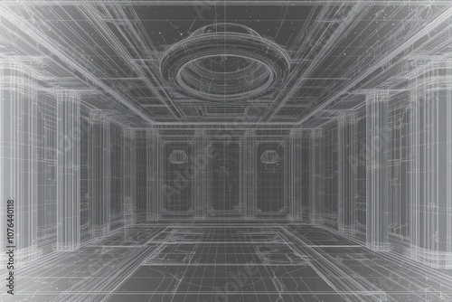 Minimalistic interior line art of classical architecture with columns and dome ceiling