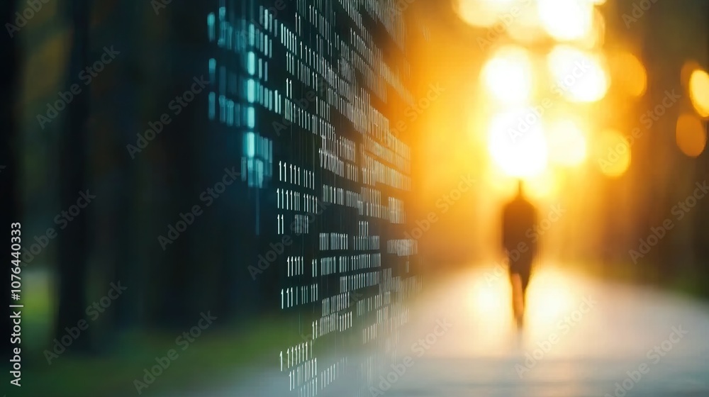 Mysterious Figure Walking in Forest with Glowing Light and Binary Code Overlay Symbolizing Technology, Data, and the Future of Humanity on a Serene Pathway