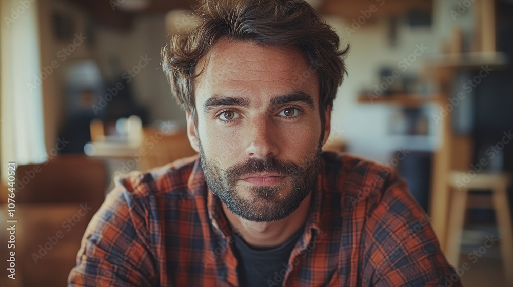 closeup of handsome caucasian man 35 years old in plaid shirt at home, portrait closeup of handsome caucasian man 35 years old in plaid shirt at home, portrait