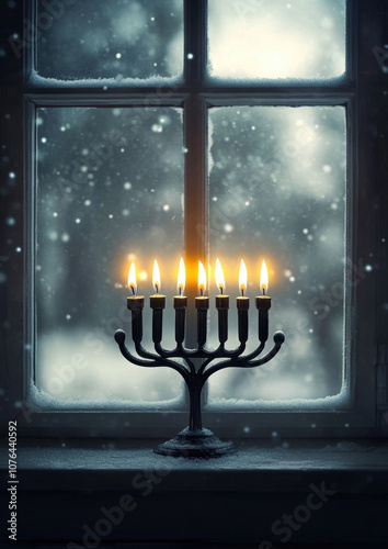 A beautifully lit menorah in a window during a snowy Hanukkah photo