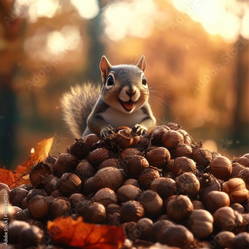 A cheerful squirrel surrounded by a pile of nuts in a colorful autumn setting.