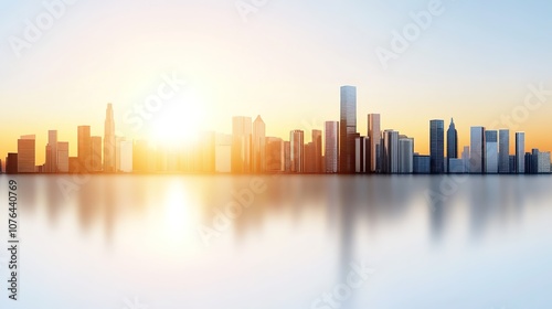 Scenic Sunrise Over a Modern City Skyline with Reflective Water Surface and Soft Golden Light Creating a Serene Urban Atmosphere in the Early Morning