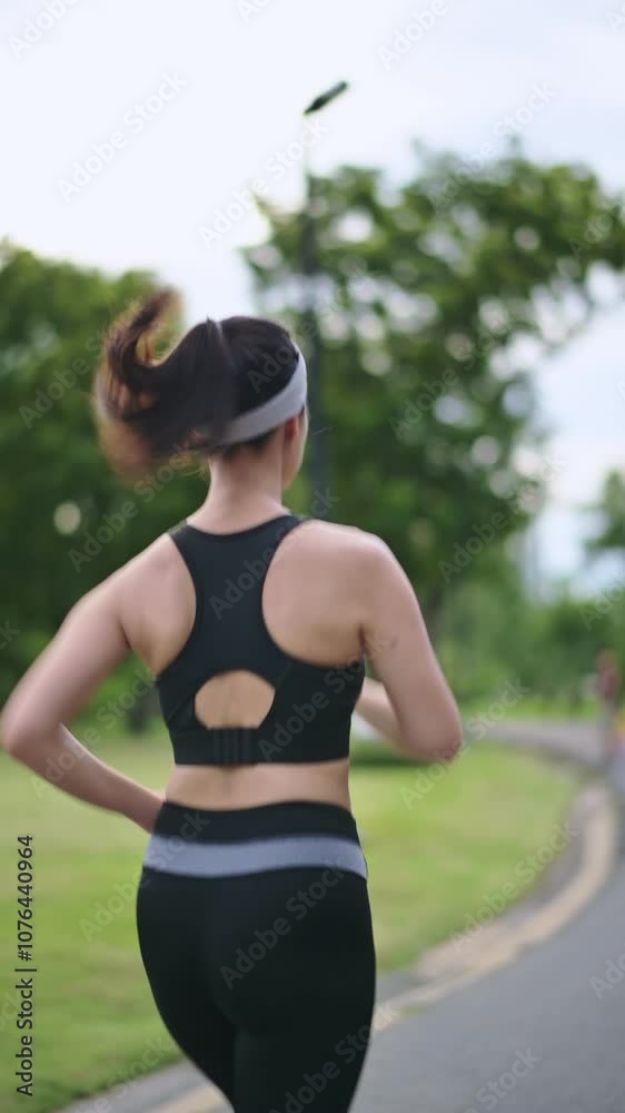 Vertical video of Woman Jogging in Park Athletic Gear and Headband, Embracing Outdoor Fitness and Exercise Among Trees, Capturing Movement and Running in Scenic Path Vertical video of Woman Jogging in Park Athletic Gear and Headband, Embracing Outdoor Fitness and Exercise Among Trees, Capturing Movement and Running in Scenic Path