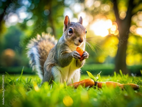 Curious Squirrel Investigating a Fresh Carrot Among Green Grass in a Park, Captured with Rule of Thirds Composition for Nature Photography