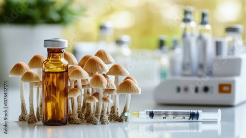 Mushrooms and Medical Vial with Syringe on Lab Counter