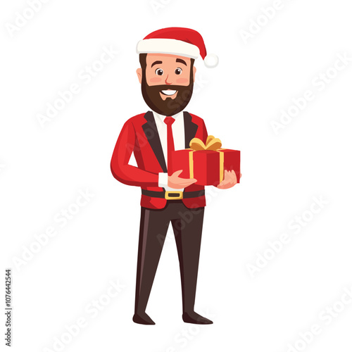 Stylish businessman in a Santa Claus costume with a gift box