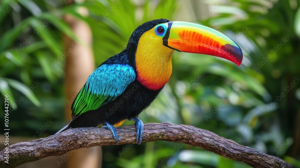 Vibrant Toucan Perched on a Branch with Lush Greenery Background Vibrant Toucan Perched on a Branch with Lush Greenery Background