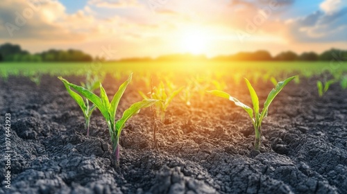 Vibrant Green Shoots Rise from Parched Earth at Dusk