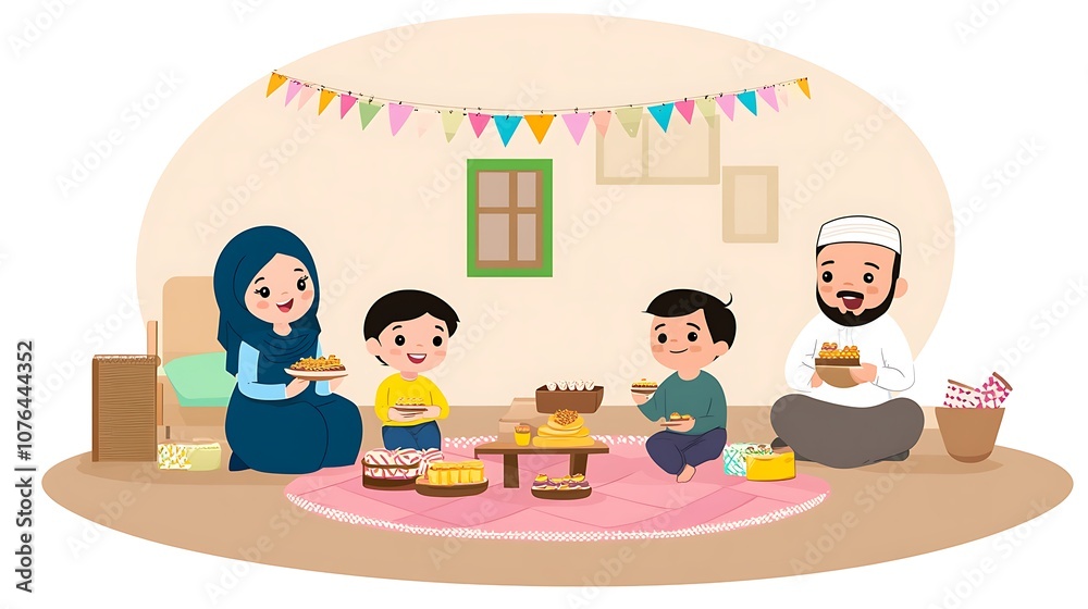 Muslim Family Celebrating Eid with Sweets and Decorations