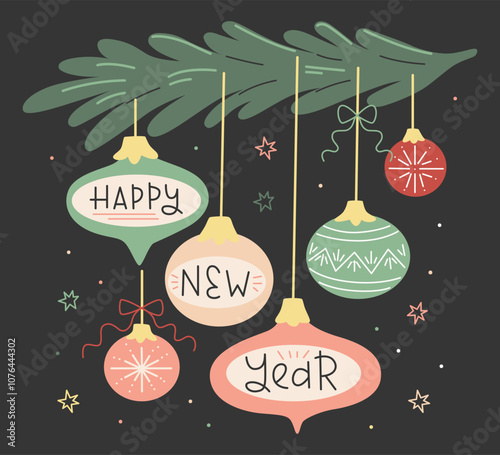  Happy New Year Greeting Card. Hand Drawn Lettering Illustration.
