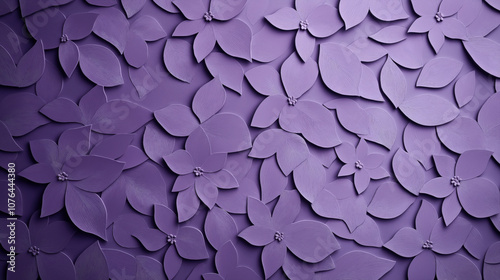 A textured purple floral pattern with layered overlapping leaves and flowers, showcasing intricate details and a harmonious arrangement.