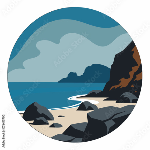 Rocky beach silhouette vector illustration on white background