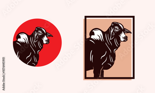 great brahman cow head in rectangle an circle logo, silhouette of big cow close up vector illustrations