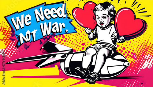 We Need Not War graphic featuring child holding hearts on missile, symbolizing peace and love over conflict photo