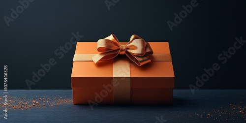 Orange gift box with golden ribbon on white background, perfect for holiday and celebration themes