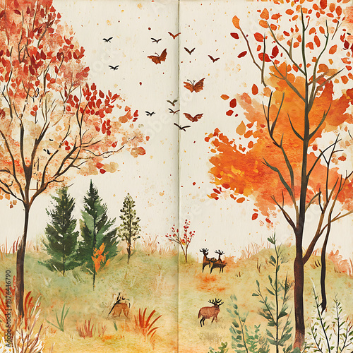 Autumnal landscape with colorful trees, deer, and birds in flight, showcasing serene and vibrant nature scene. Perfect for seasonal decor or art