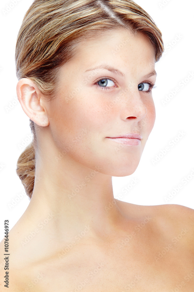 Portrait, skincare and glow with face of woman in studio for natural makeup, shine and self care. Cosmetics, dermatology and spa treatment with female model on white background for salon and collagen Portrait, skincare and glow with face of woman in studio for natural makeup, shine and self care. Cosmetics, dermatology and spa treatment with female model on white background for salon and collagen