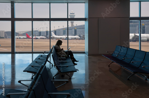 Photography Silhouette of young woman working on laptop and waiting for flight in the Airpor