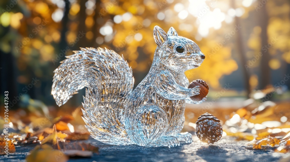 Fototapeta premium A Glass Squirrel Holding an Acorn in Autumn Forest