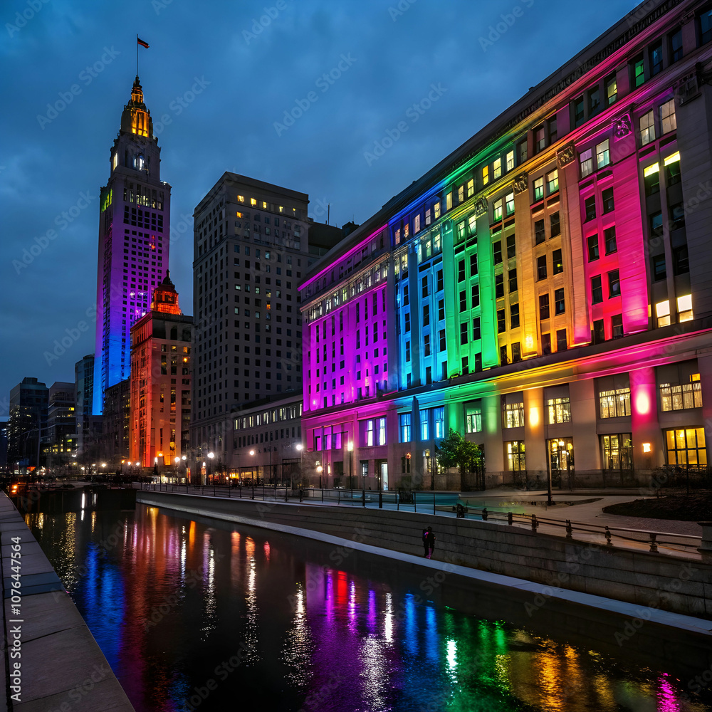 Colorful lights cascade off buildings. Colorful lights cascade off buildings.