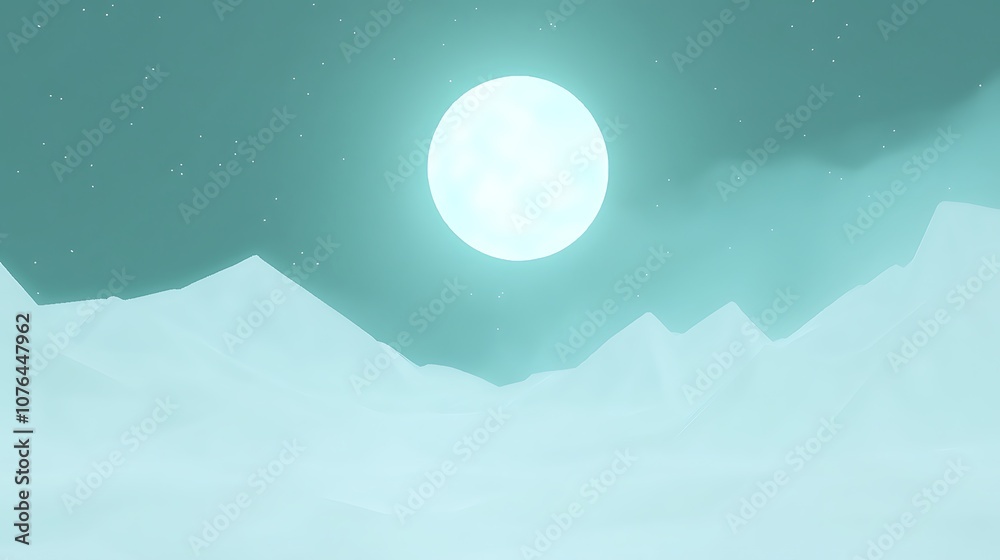 Naklejka premium A bright full moon illuminating a snowy mountainous landscape.