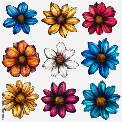 Vibrant Floral Collection with Various Colored Flowers on a Neutral Background for Creative Projects, Illustrations, and Graphic Design Applications