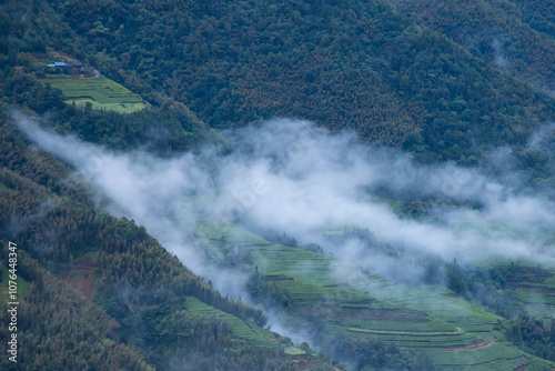 Terraced rice fields, Longshen near Guilin, Guangxi Province, People's Republic of China -  Clouds covered rice fields and hills in the foreground
 photo