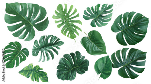 Set of large green monstera leaves isolated on transparent background