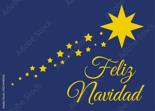 Banner con mensaje Feliz Navidad en español con silueta de estrella navideña de Belén con estrellas para tarjetas y felicitaciones
