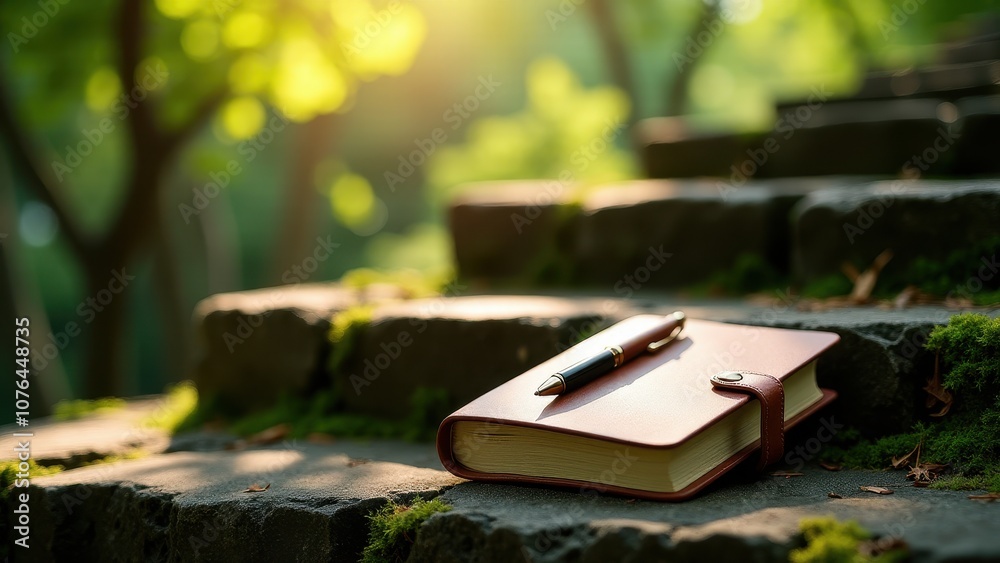 Journal with pen for trip memories. Notebook and pen rest on moss-covered stone steps bathed in warm sunlight, surrounded by lush green foliage. Journal with pen for trip memories. Notebook and pen rest on moss-covered stone steps bathed in warm sunlight, surrounded by lush green foliage.
