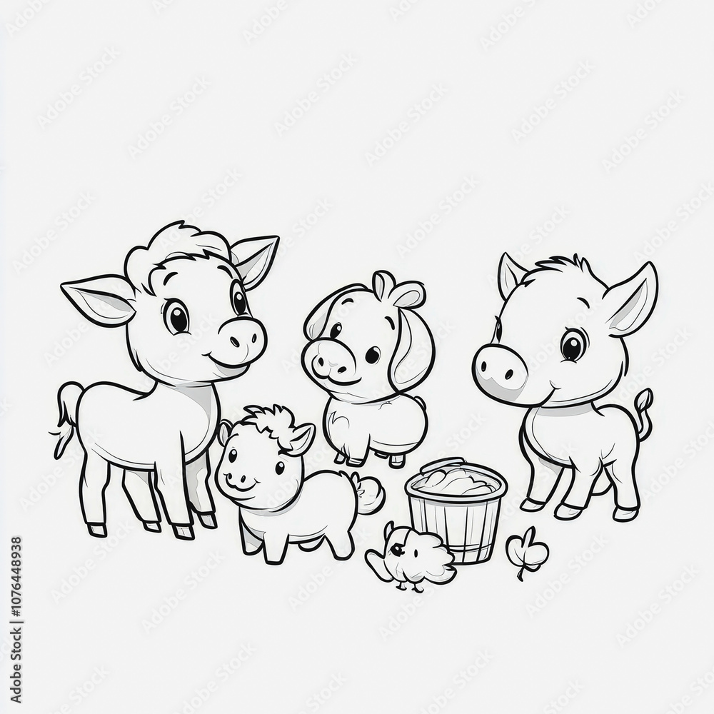 Obraz premium Cute and Playful Farm Animals in a Simple Line Art Style Featuring a Cow, Pig, Sheep, and Cute Chicks in a Light and Fun Composition for Children's Illustrations