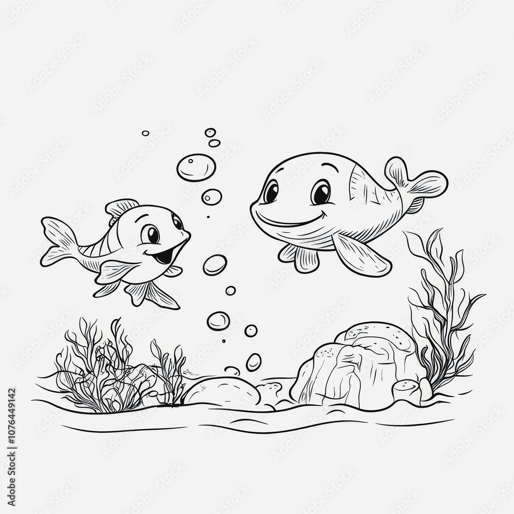 Fototapeta premium Cartoon Style Fish Swimming Together in a Colorful Underwater Scene with Plants and Bubbles for Kids Illustrations and Creative Designs