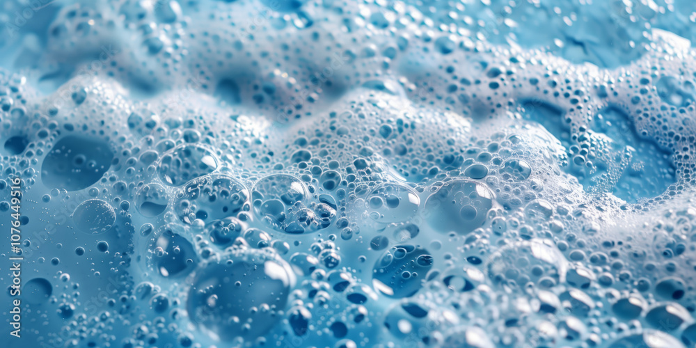 Foam smudge on blue background. Liquid soap bubbles, Froth bubbles backdrop