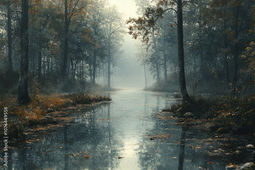 Obraz premium Misty Forest Stream with Fallen Leaves