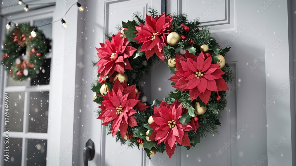 Holiday wreath with red poinsettias, green leaves, and gold ornaments for Christmas Concept, Holiday Holiday wreath with red poinsettias, green leaves, and gold ornaments for Christmas Concept, Holiday