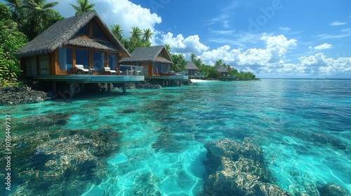 Tropical overwater bungalows by a clear blue lagoon.