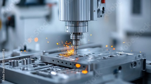 Captivating image of a CNC machine effortlessly manipulating metal with incredible precision generating a mesmerizing display of orange sparks as it performs the dynamic manufacturing process photo