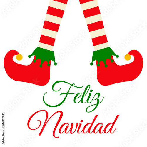 Tiempo de Navidad. Logo con mensaje Feliz Navidad en español con piernas con medias y botas de elfo de Santa Claus para tarjetas y felicitaciones