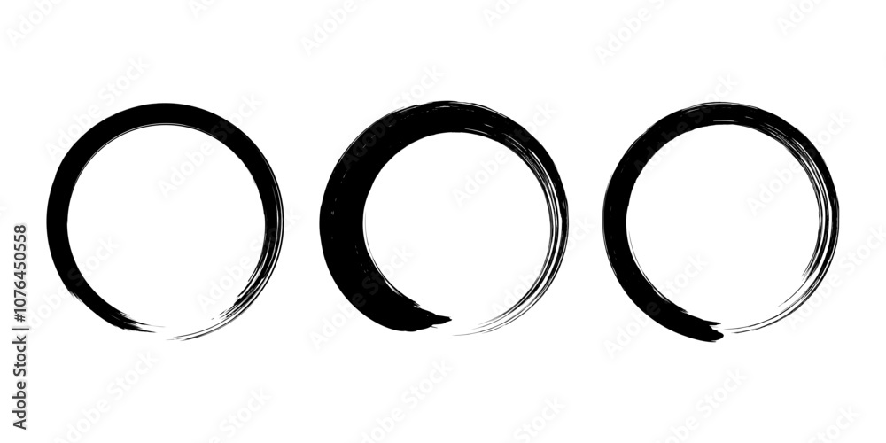 Set of black grunge paintbrush strokes. Enso Zen symbol. Circular label, logo, text frame, banner, emblem, badge. Grunge design element. Isolated. Distress texture. Ink brush strokes Set of black grunge paintbrush strokes. Enso Zen symbol. Circular label, logo, text frame, banner, emblem, badge. Grunge design element. Isolated. Distress texture. Ink brush strokes