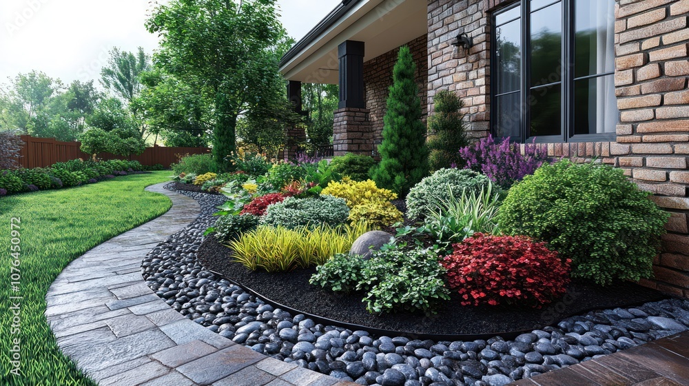 Obraz premium Vibrant landscaped garden with diverse plants and stone pathway.