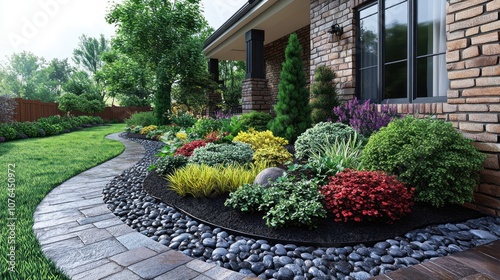 Vibrant landscaped garden with diverse plants and stone pathway.