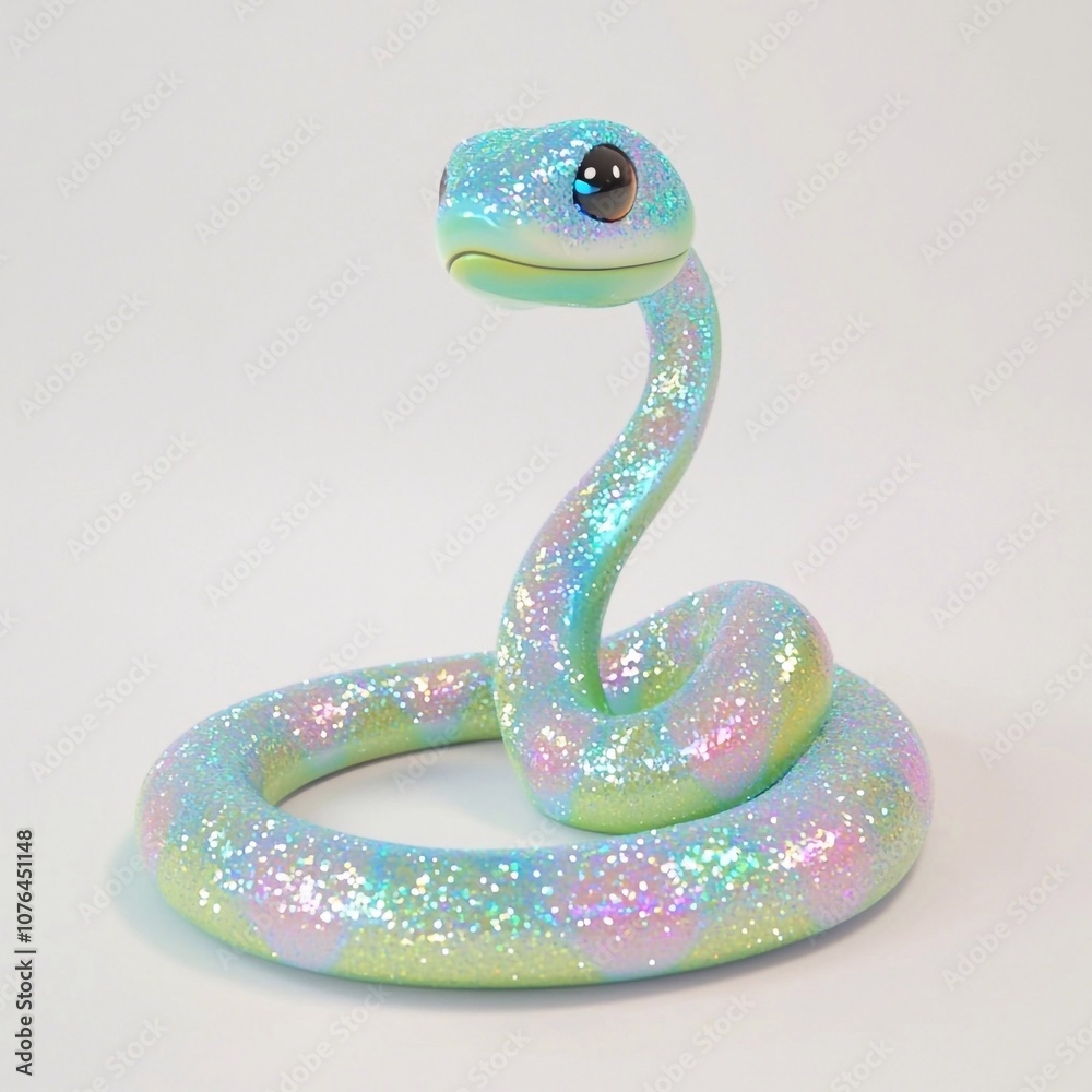 Fototapeta premium Cute 3D cartoon green snake baby with glitter and sparkle on scales, smiles, white background. New Year Christmas symbol of 2025 year 