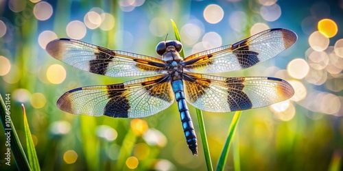 Eight-Spotted Skimmer Dragonfly Perched Gracefully on Grass in Colorado with Bokeh Effect, Showcasing Nature's Beauty and Insect Details in a Serene Setting