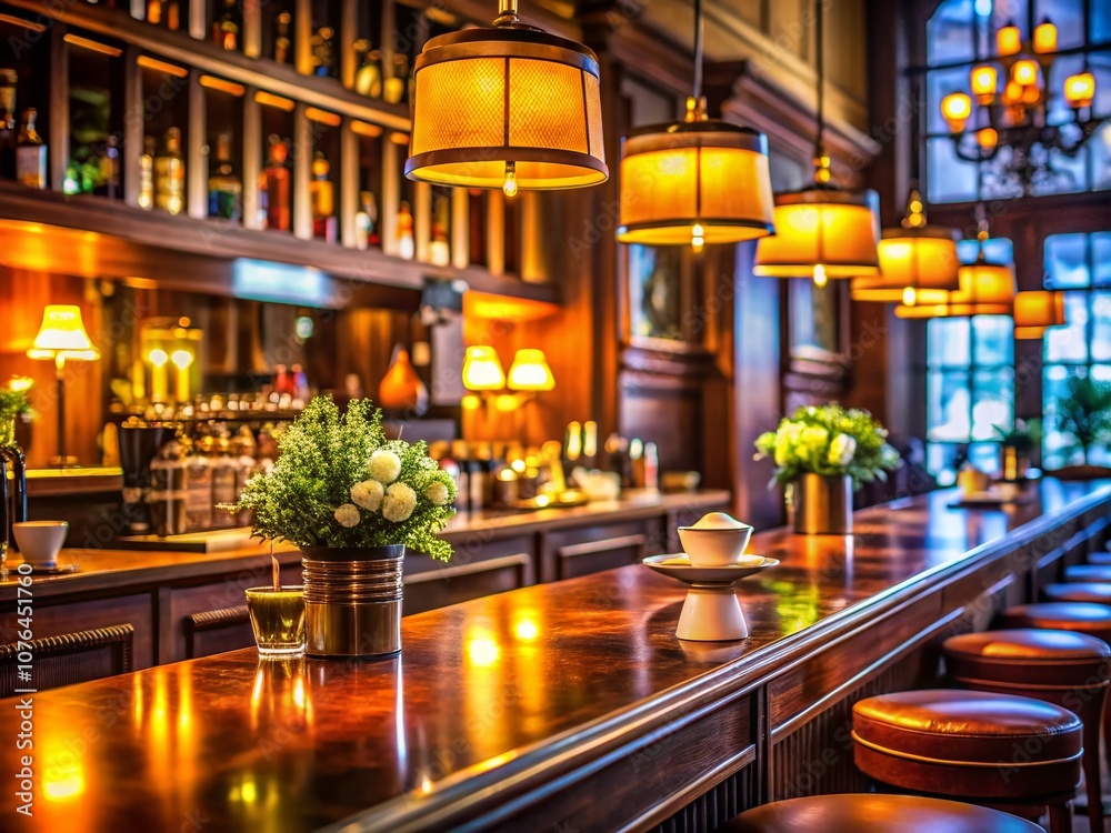 Elegant Bar Counter in Upscale Coffee Shop with Selective Focus Capturing Luxurious Ambiance at Night, Highlighting Warm Lighting and Sophisticated Decor for a Cozy Atmosphere Elegant Bar Counter in Upscale Coffee Shop with Selective Focus Capturing Luxurious Ambiance at Night, Highlighting Warm Lighting and Sophisticated Decor for a Cozy Atmosphere