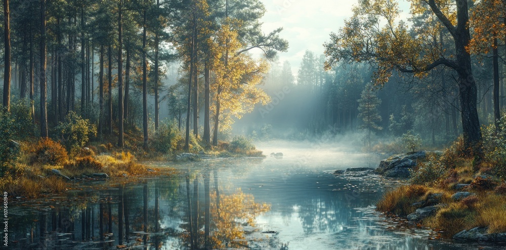 Misty Forest River with Reflections of Autumn Trees Misty Forest River with Reflections of Autumn Trees