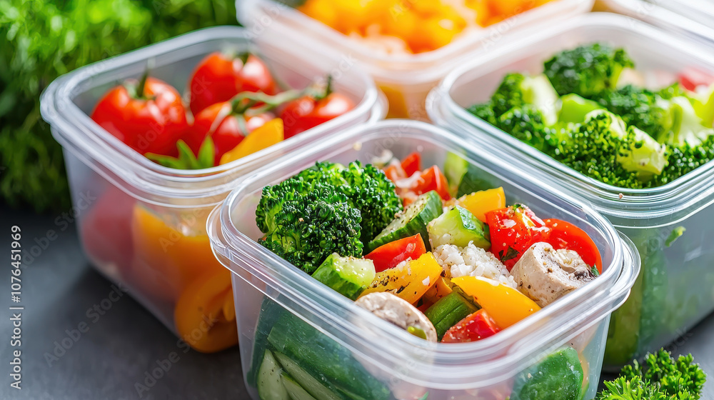 Colorful and fresh meal prep containers filled with vibrant vegetables and healthy ingredients, perfect for nutritious diet and wellness Colorful and fresh meal prep containers filled with vibrant vegetables and healthy ingredients, perfect for nutritious diet and wellness
