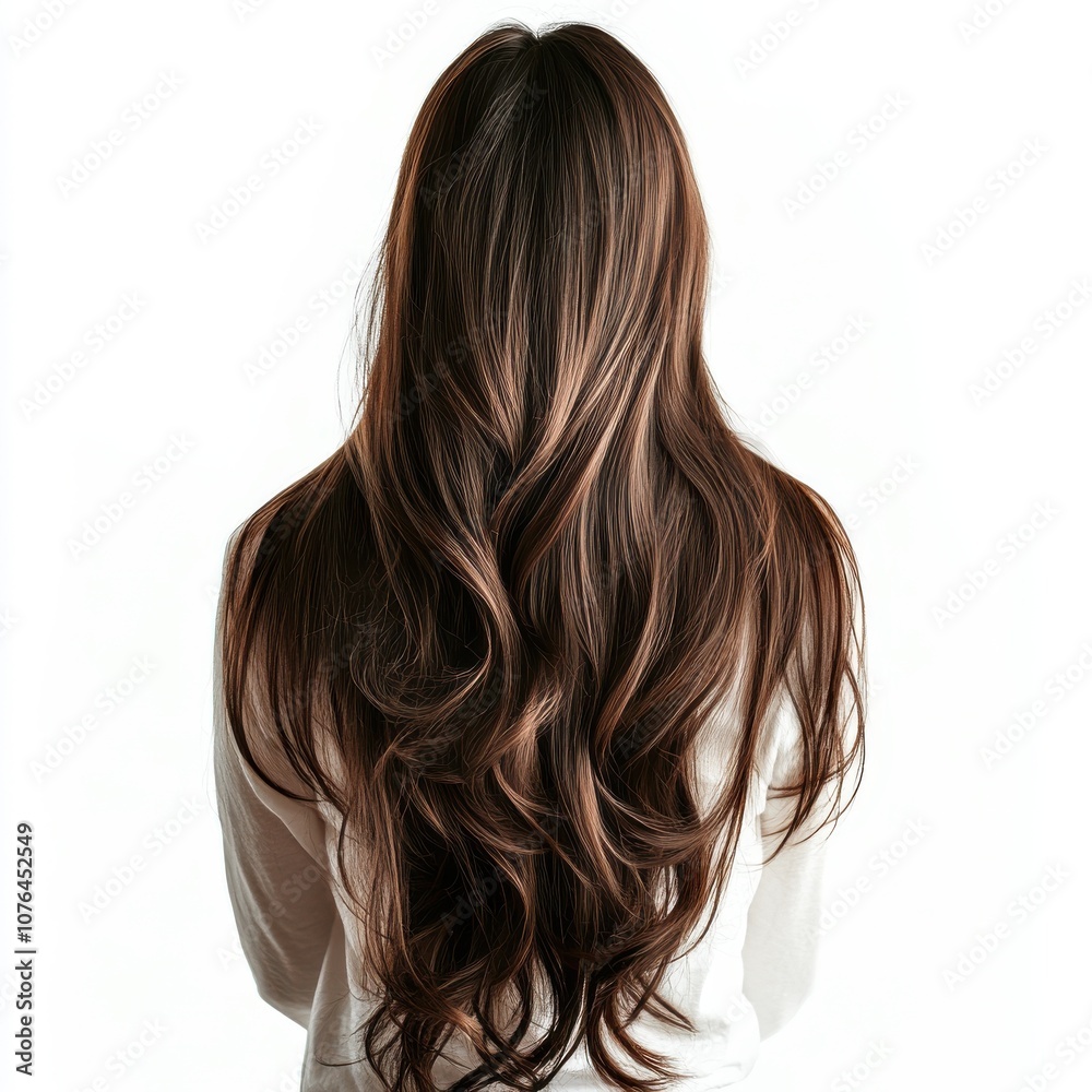 Fototapeta premium A beautiful woman with long, wavy hair displayed from the back, highlighting the sleek and vibrant hair texture.