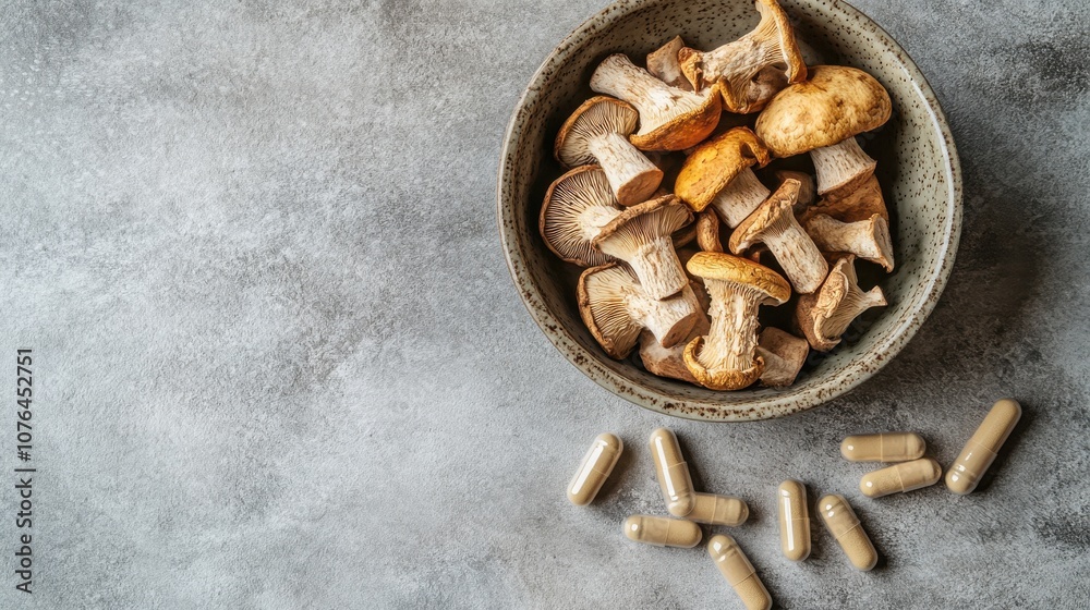 Bowl of Mushrooms and Medical Capsules on Table Bowl of Mushrooms and Medical Capsules on Table